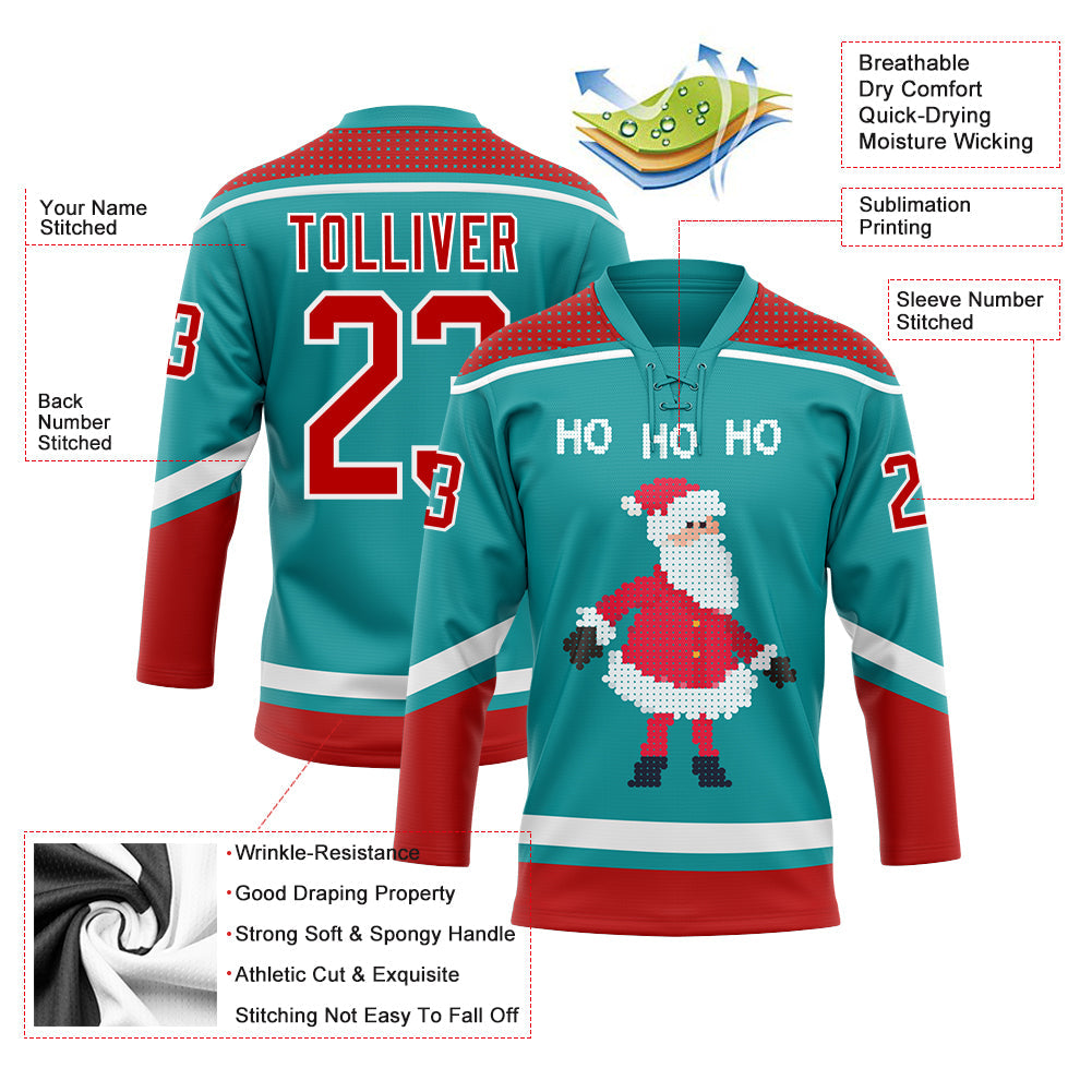 Custom Teal Red-White Christmas Santa Claus 3D Hockey Lace Neck Jersey view 3