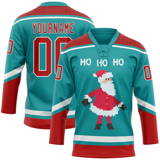 Custom Teal Red-White Christmas Santa Claus 3D Hockey Lace Neck Jersey - Main View