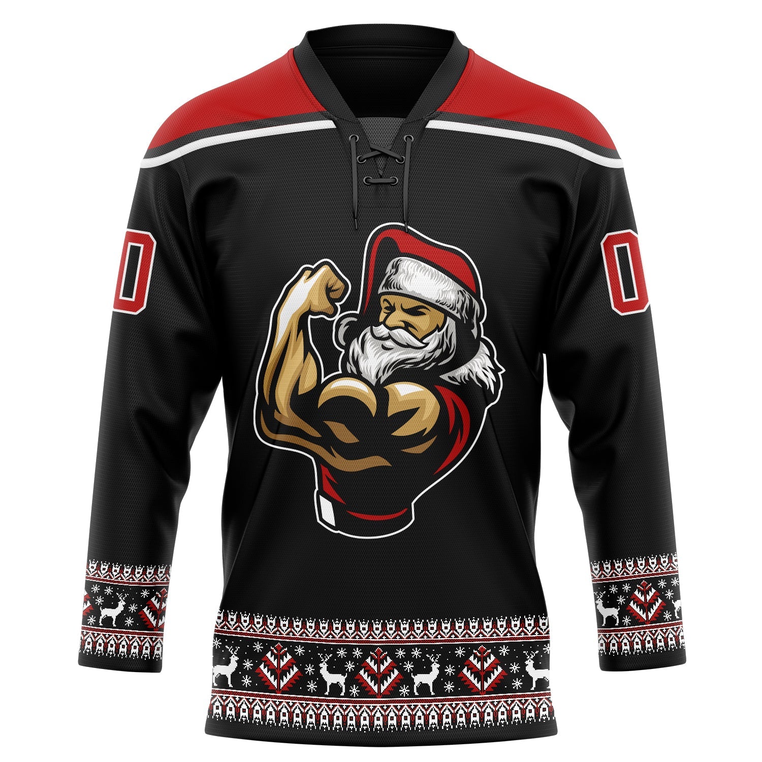 Custom Black Red-White Christmas Santa Claus 3D Hockey Lace Neck Jersey view 2