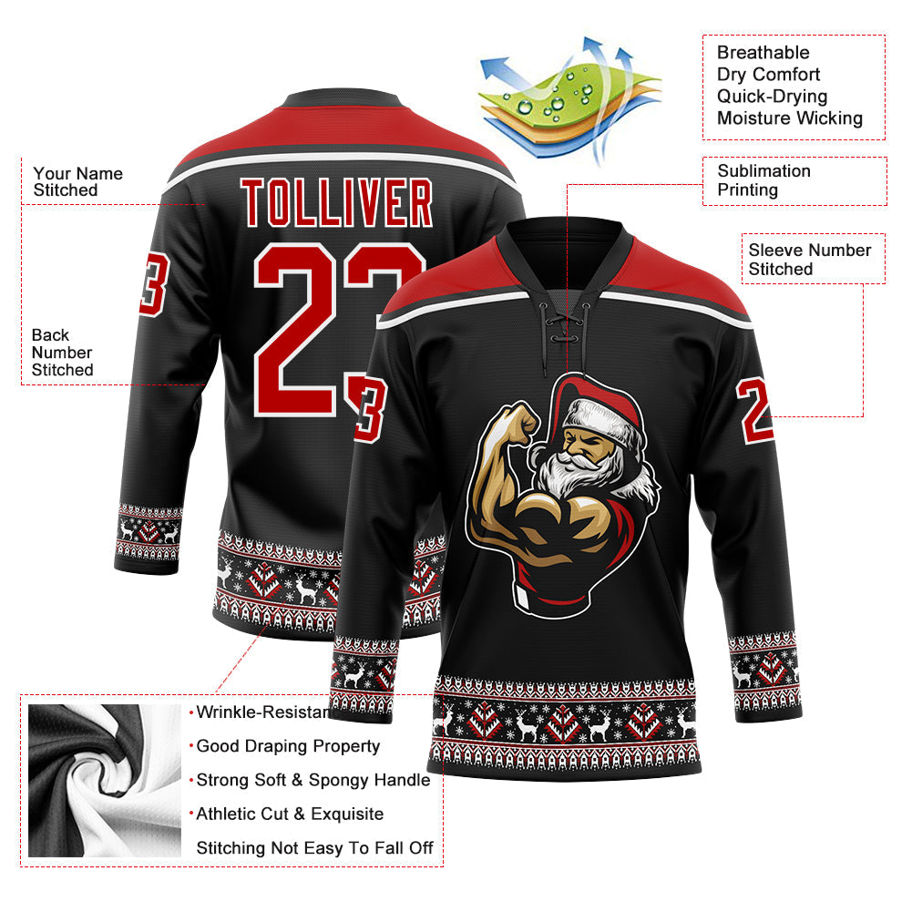 Custom Black Red-White Christmas Santa Claus 3D Hockey Lace Neck Jersey view 3