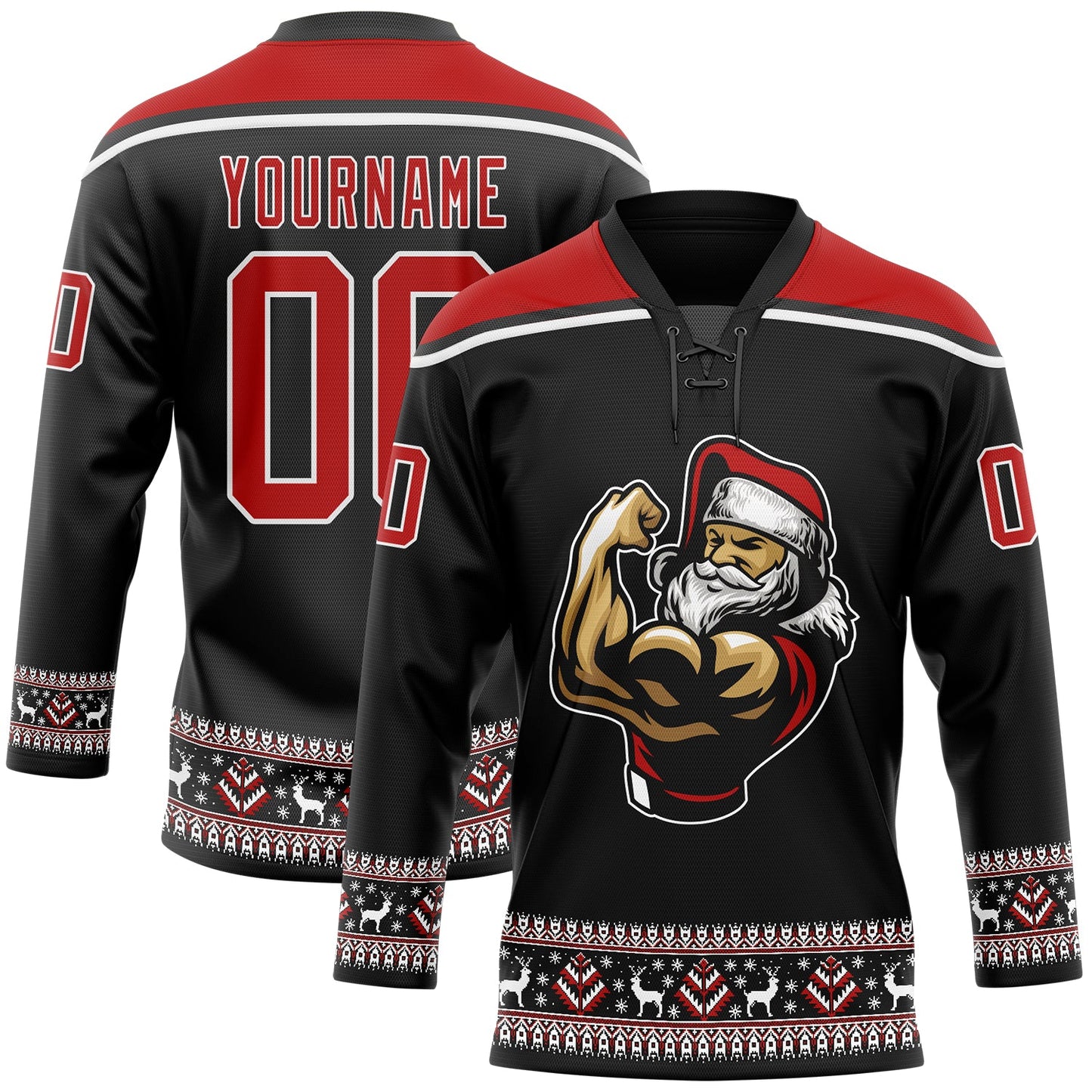 Custom Black Red-White Christmas Santa Claus 3D Hockey Lace Neck Jersey - Main View