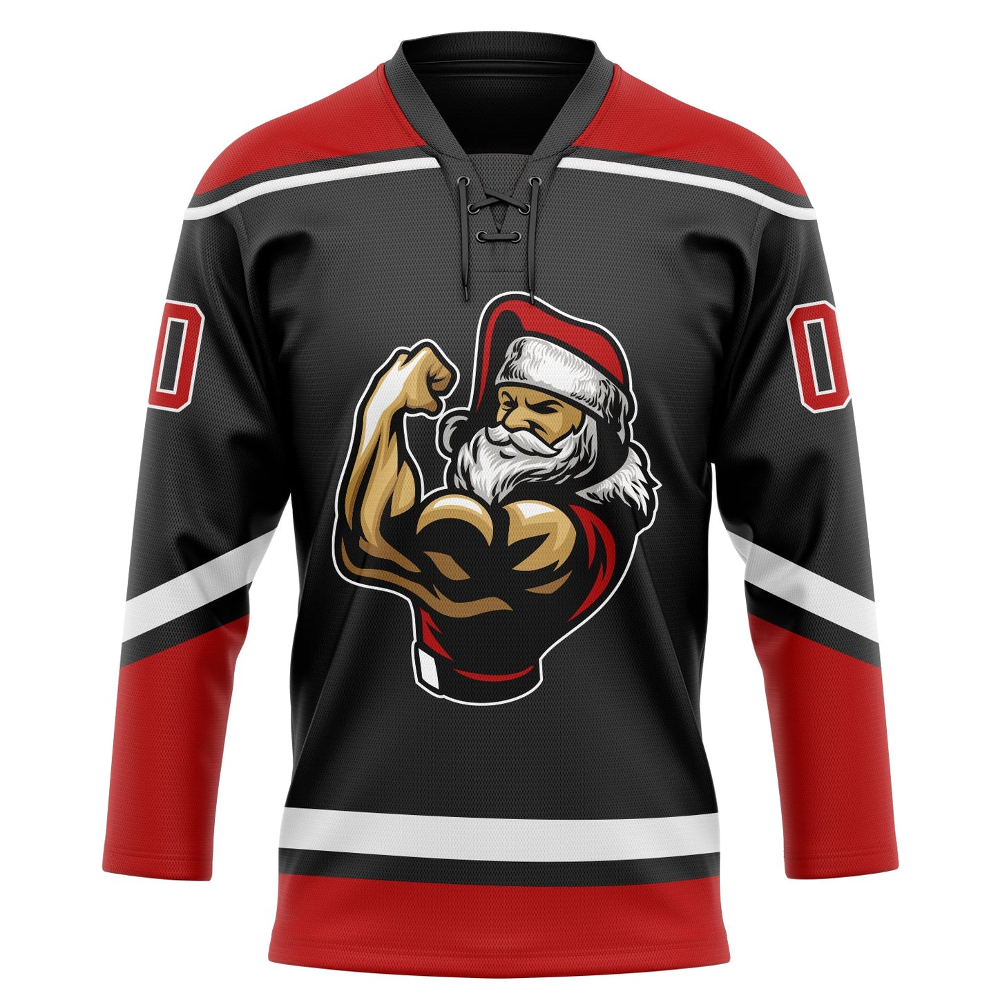 Custom Black Red-White Christmas Santa Claus 3D Hockey Lace Neck Jersey view 2