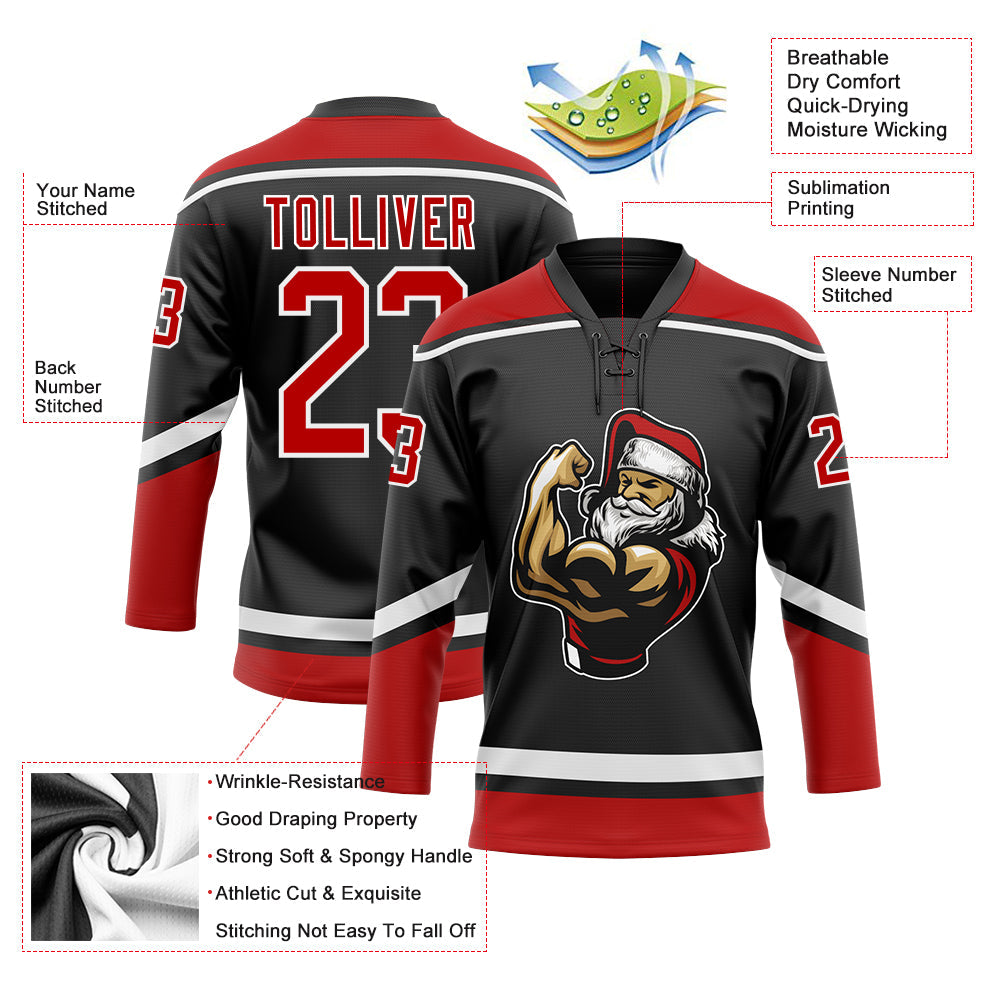 Custom Black Red-White Christmas Santa Claus 3D Hockey Lace Neck Jersey view 3