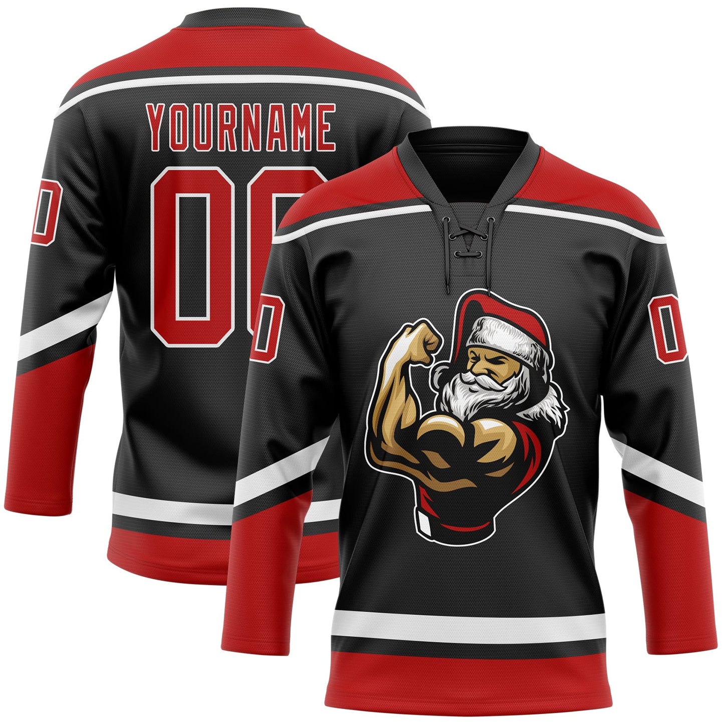 Custom Black Red-White Christmas Santa Claus 3D Hockey Lace Neck Jersey - Main View