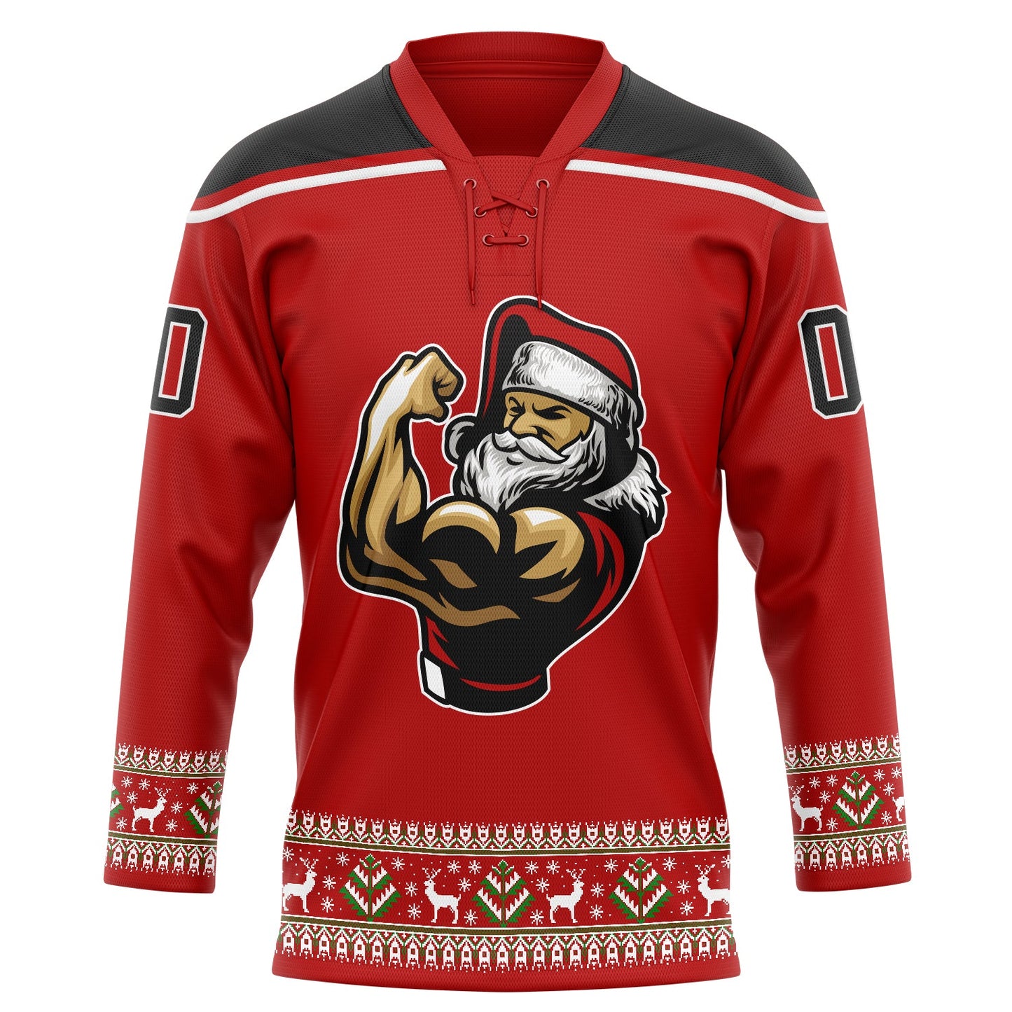 Custom Red Black-White Christmas Santa Claus 3D Hockey Lace Neck Jersey view 2
