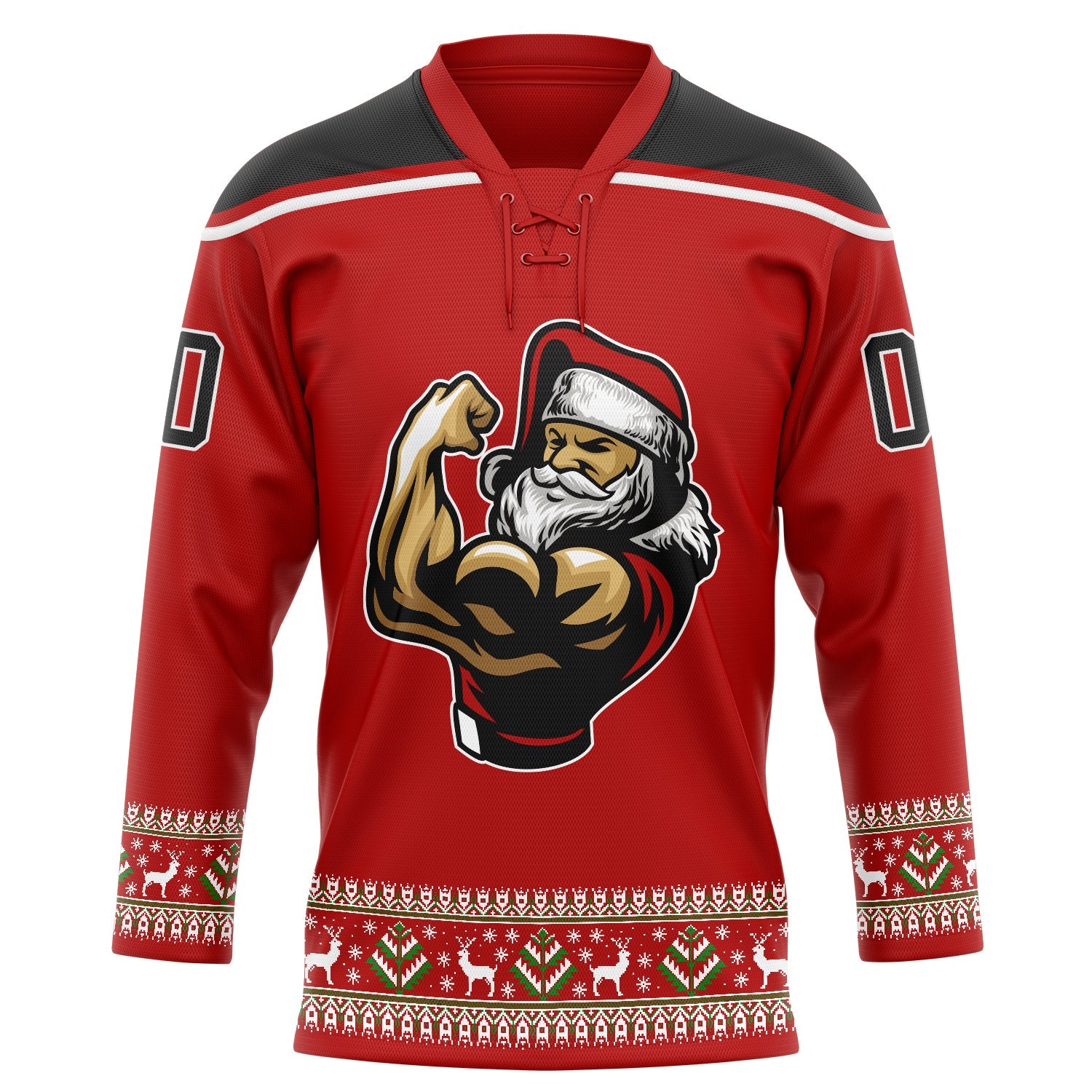 Custom Red Black-White Christmas Santa Claus 3D Hockey Lace Neck Jersey view 2
