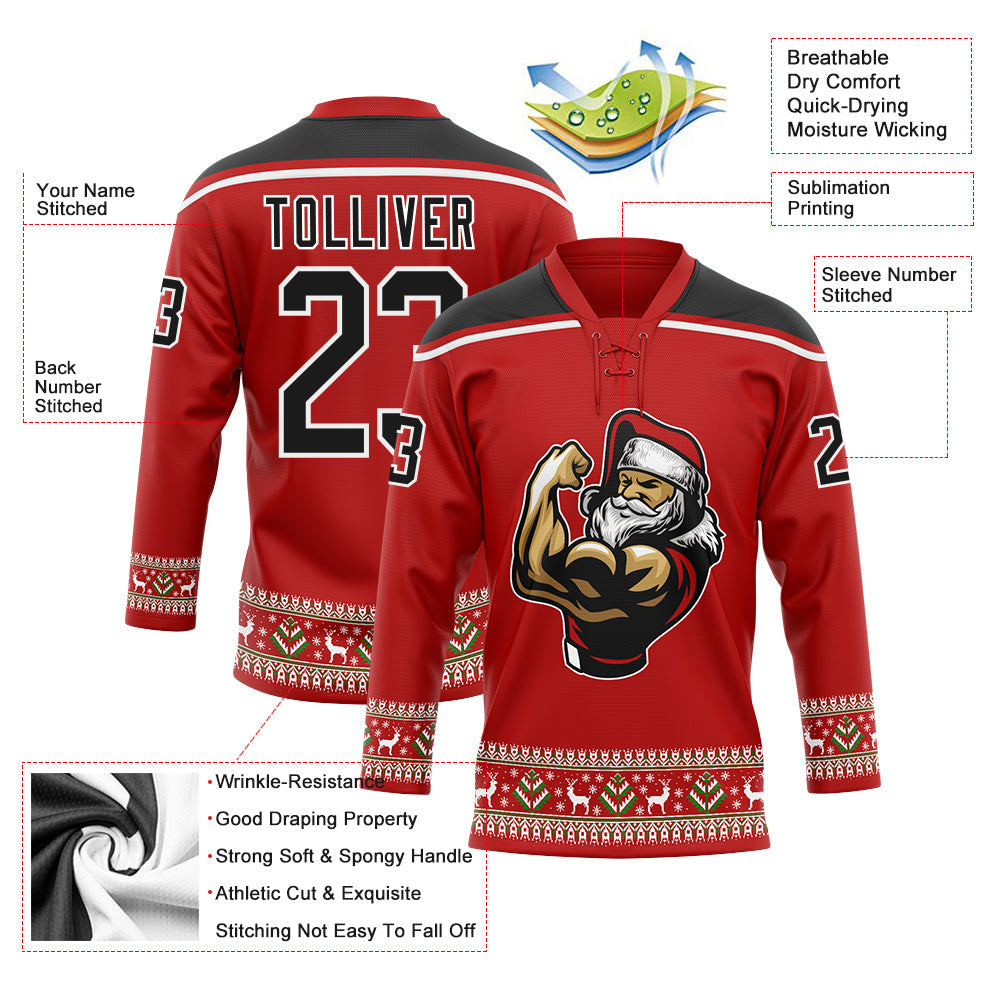 Custom Red Black-White Christmas Santa Claus 3D Hockey Lace Neck Jersey view 3