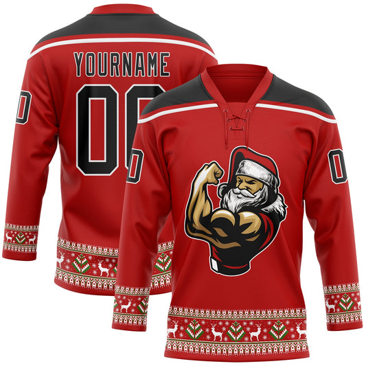 Custom Red Black-White Christmas Santa Claus 3D Hockey Lace Neck Jersey - Main View