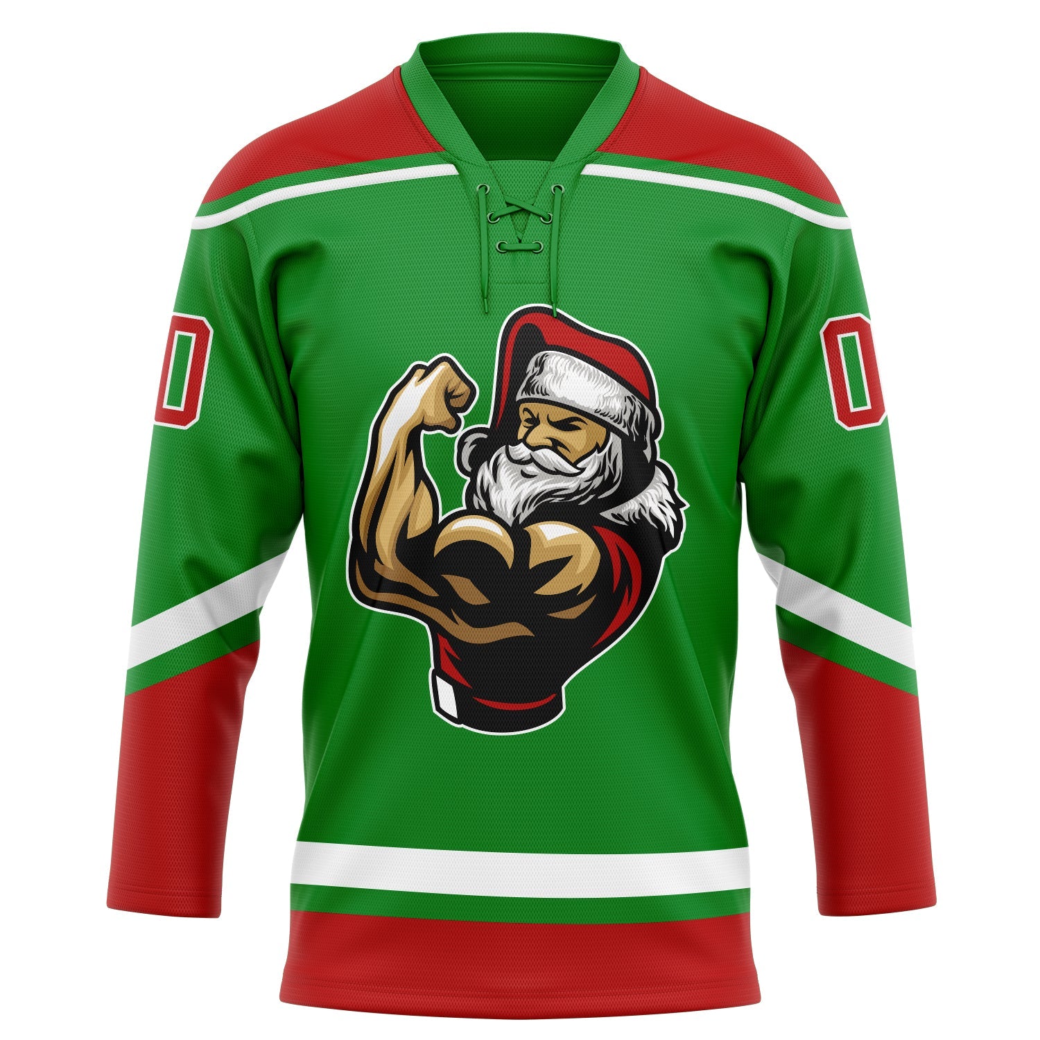 Custom Grass Green Red-White Christmas Santa Claus 3D Hockey Lace Neck Jersey view 2