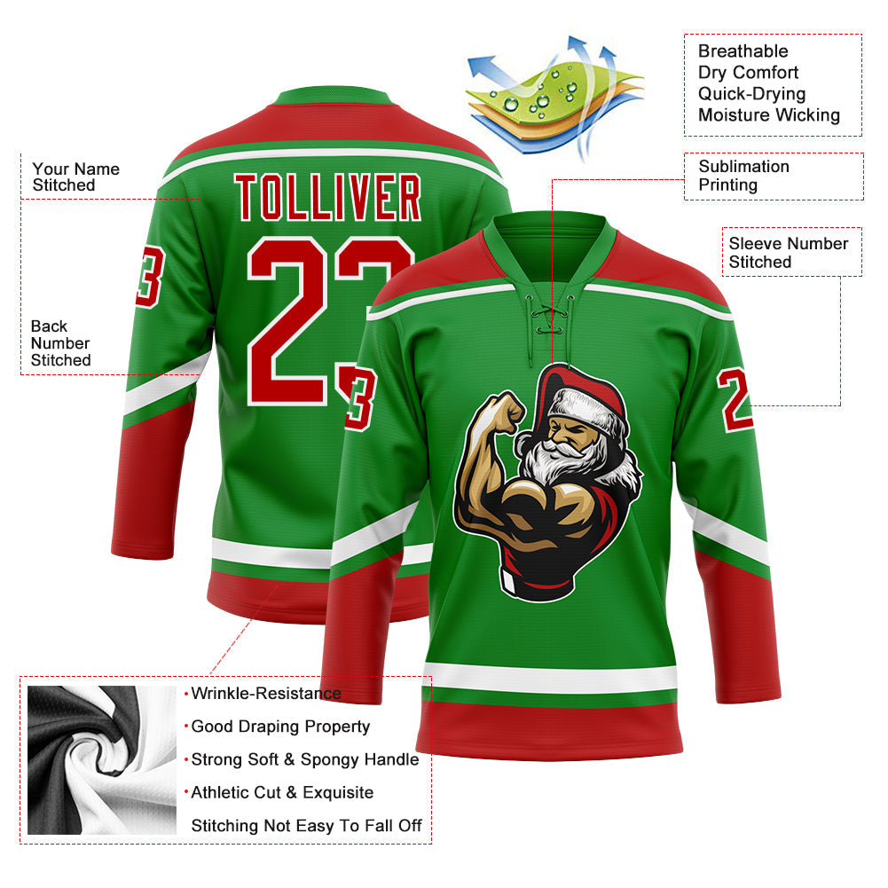 Custom Grass Green Red-White Christmas Santa Claus 3D Hockey Lace Neck Jersey view 3