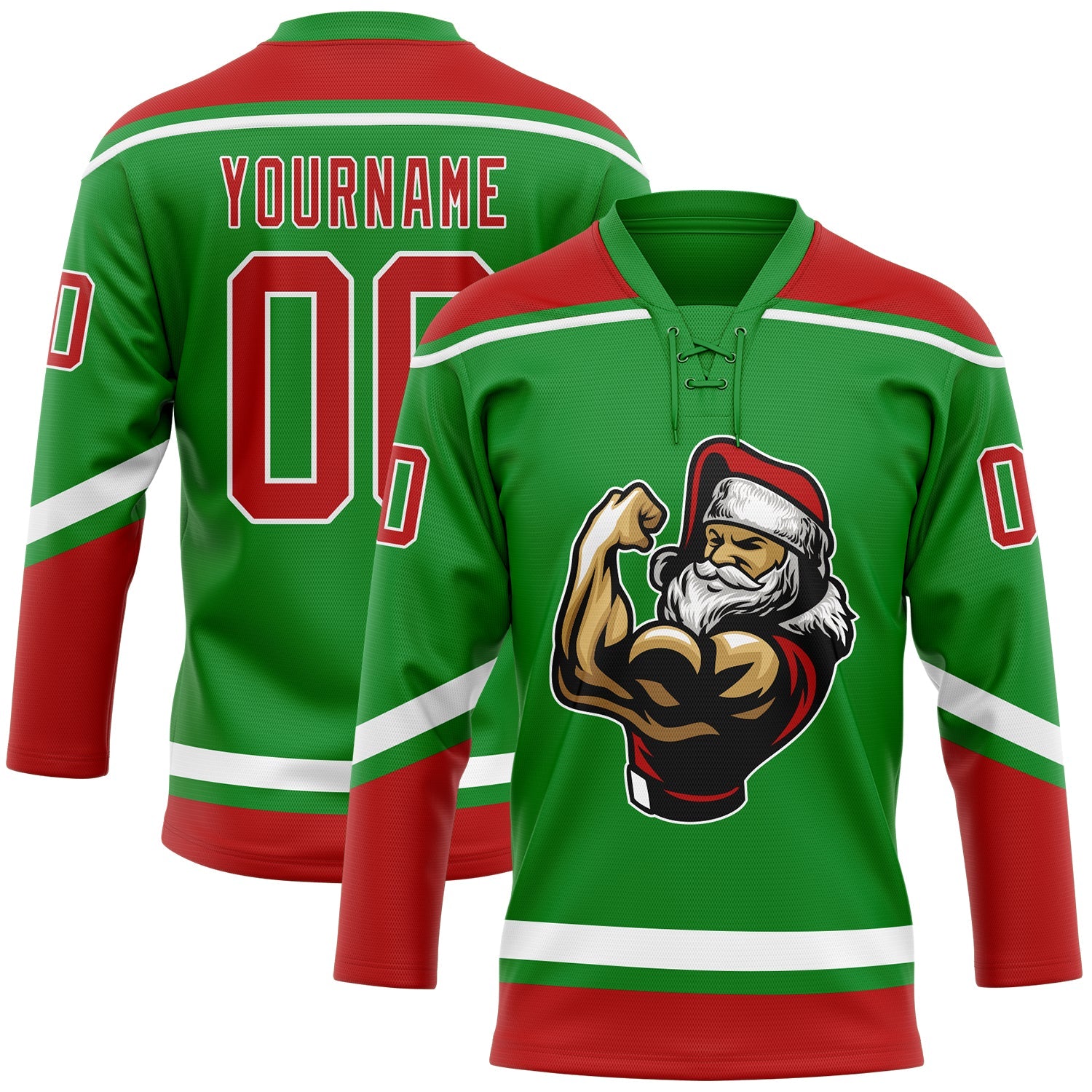 Custom Grass Green Red-White Christmas Santa Claus 3D Hockey Lace Neck Jersey - Main View