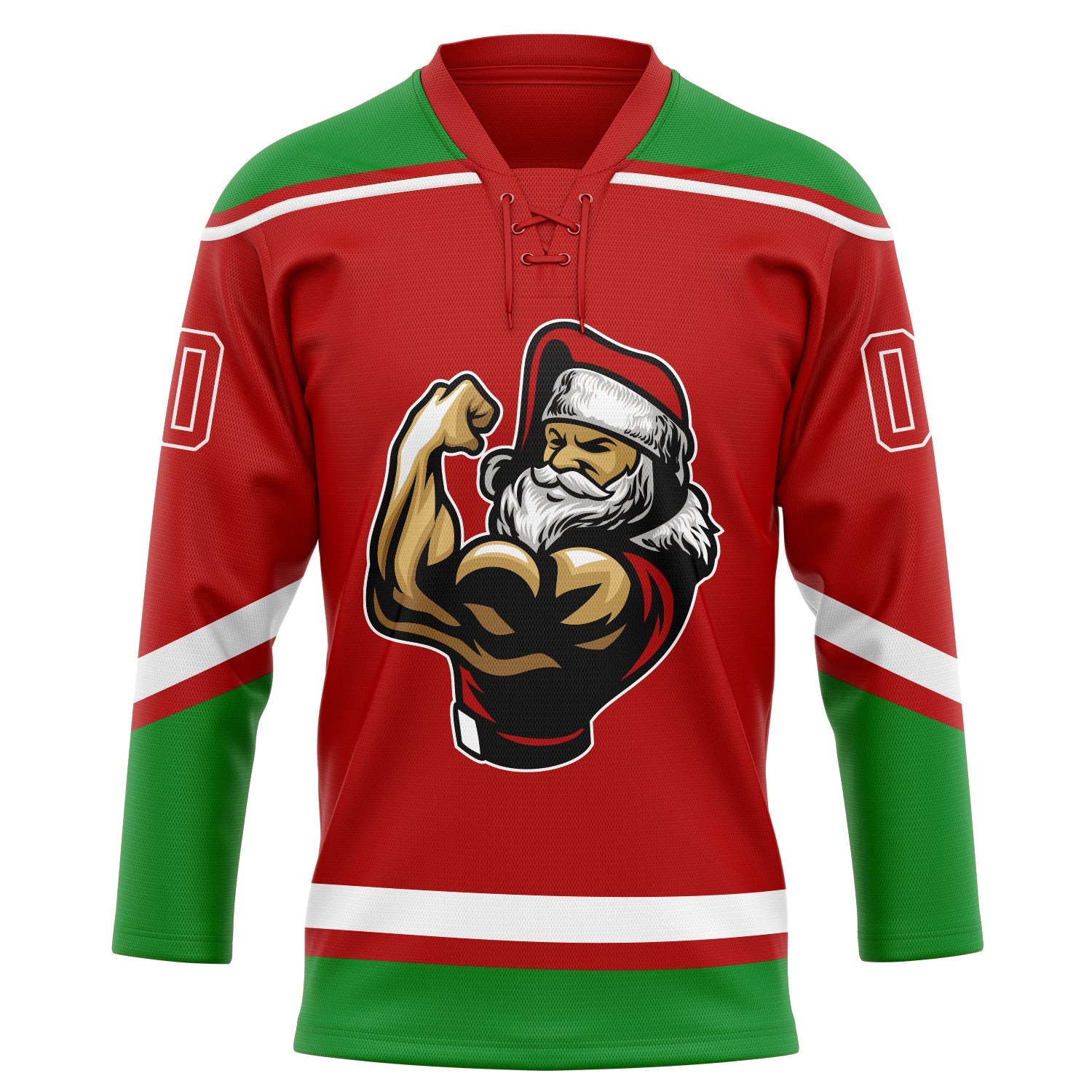 Custom Red Grass Green-White Christmas Santa Claus 3D Hockey Lace Neck Jersey view 2