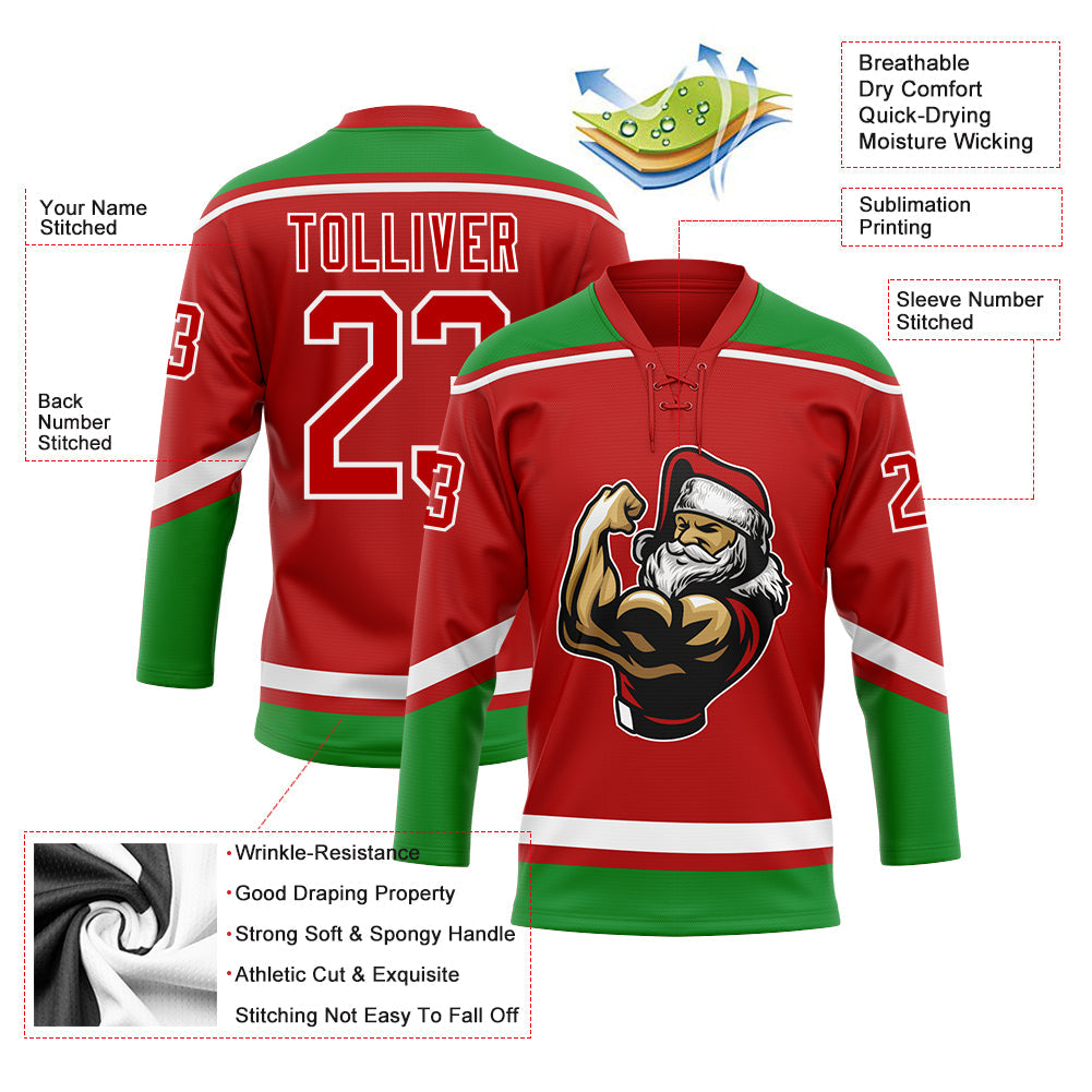 Custom Red Grass Green-White Christmas Santa Claus 3D Hockey Lace Neck Jersey view 3