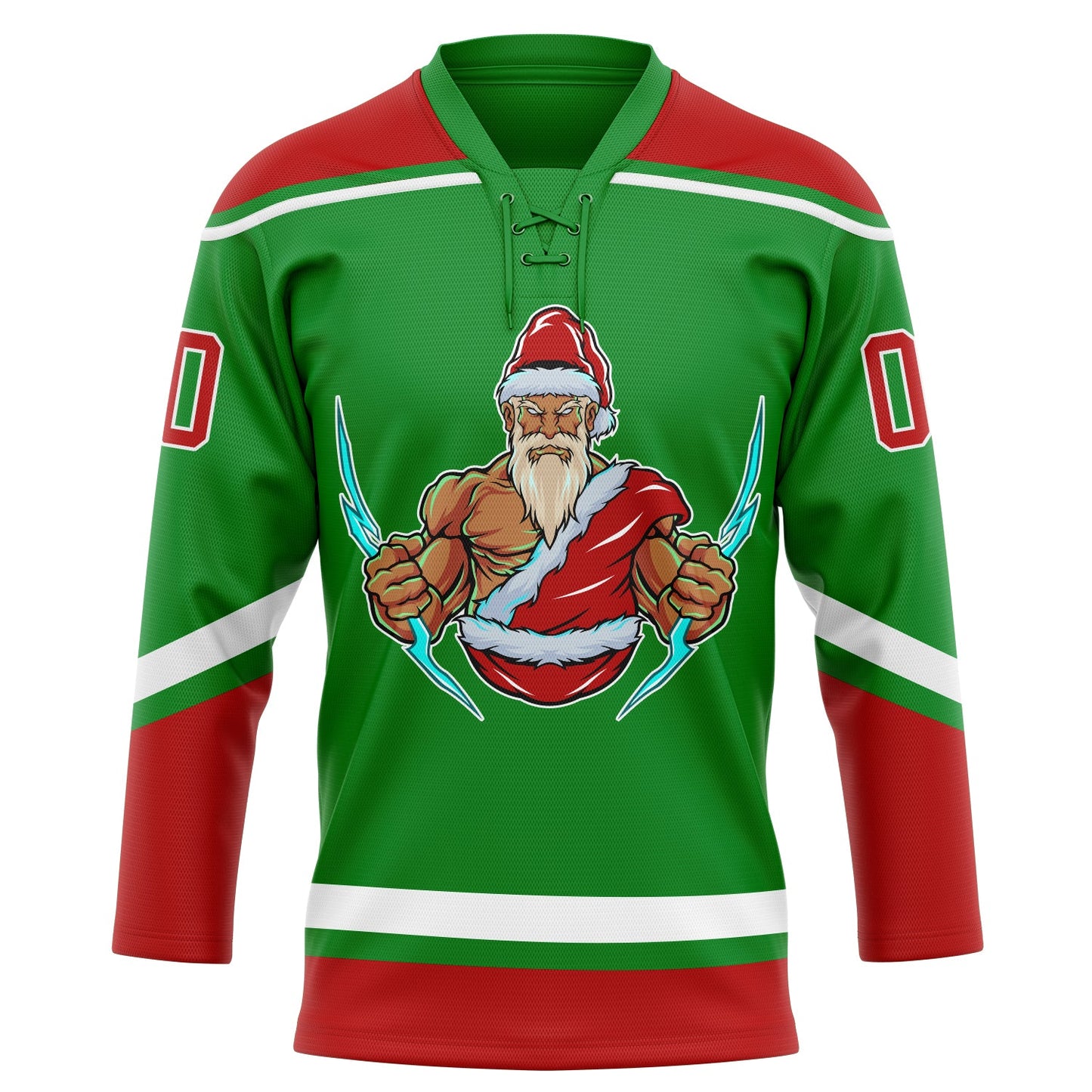 Custom Grass Green Red-White Christmas Santa Claus 3D Hockey Lace Neck Jersey view 2