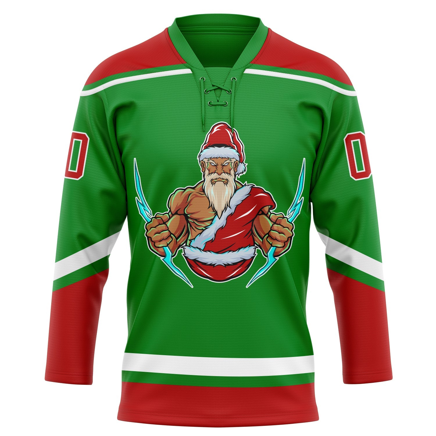 Custom Grass Green Red-White Christmas Santa Claus 3D Hockey Lace Neck Jersey view 2