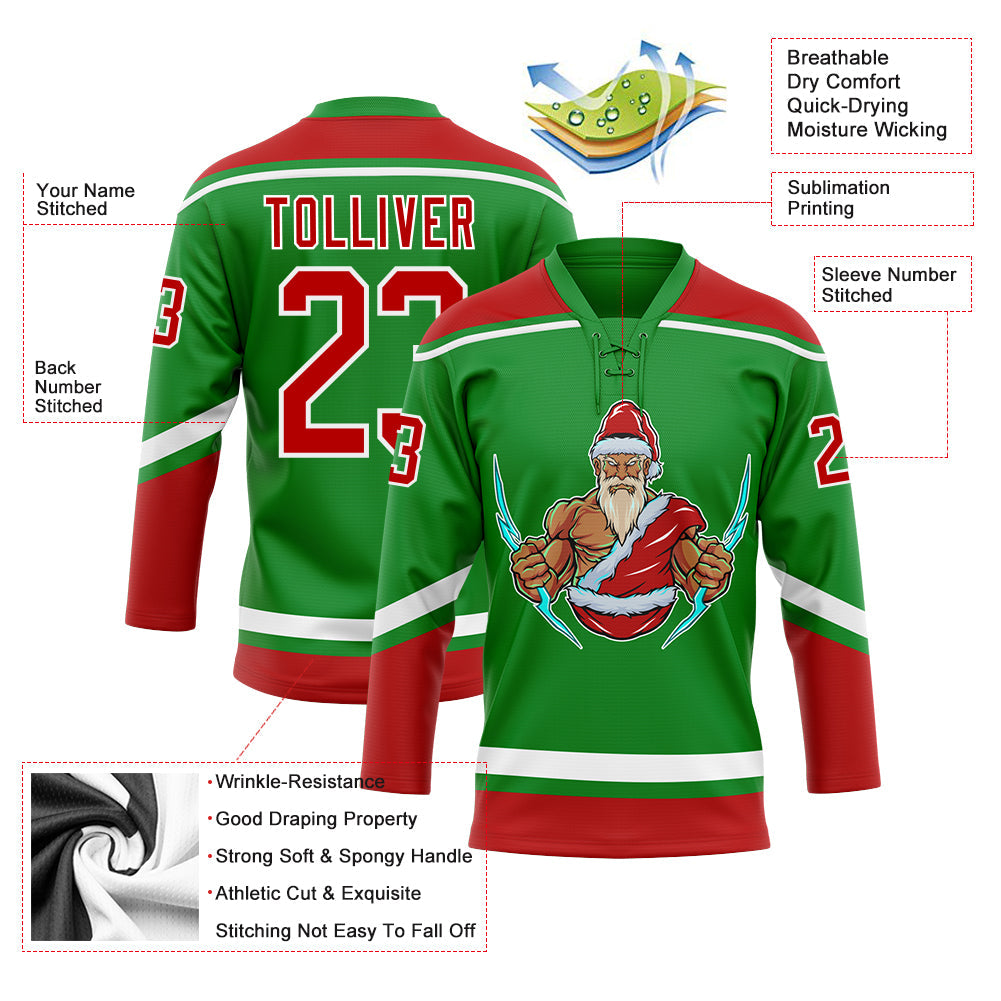 Custom Grass Green Red-White Christmas Santa Claus 3D Hockey Lace Neck Jersey view 3