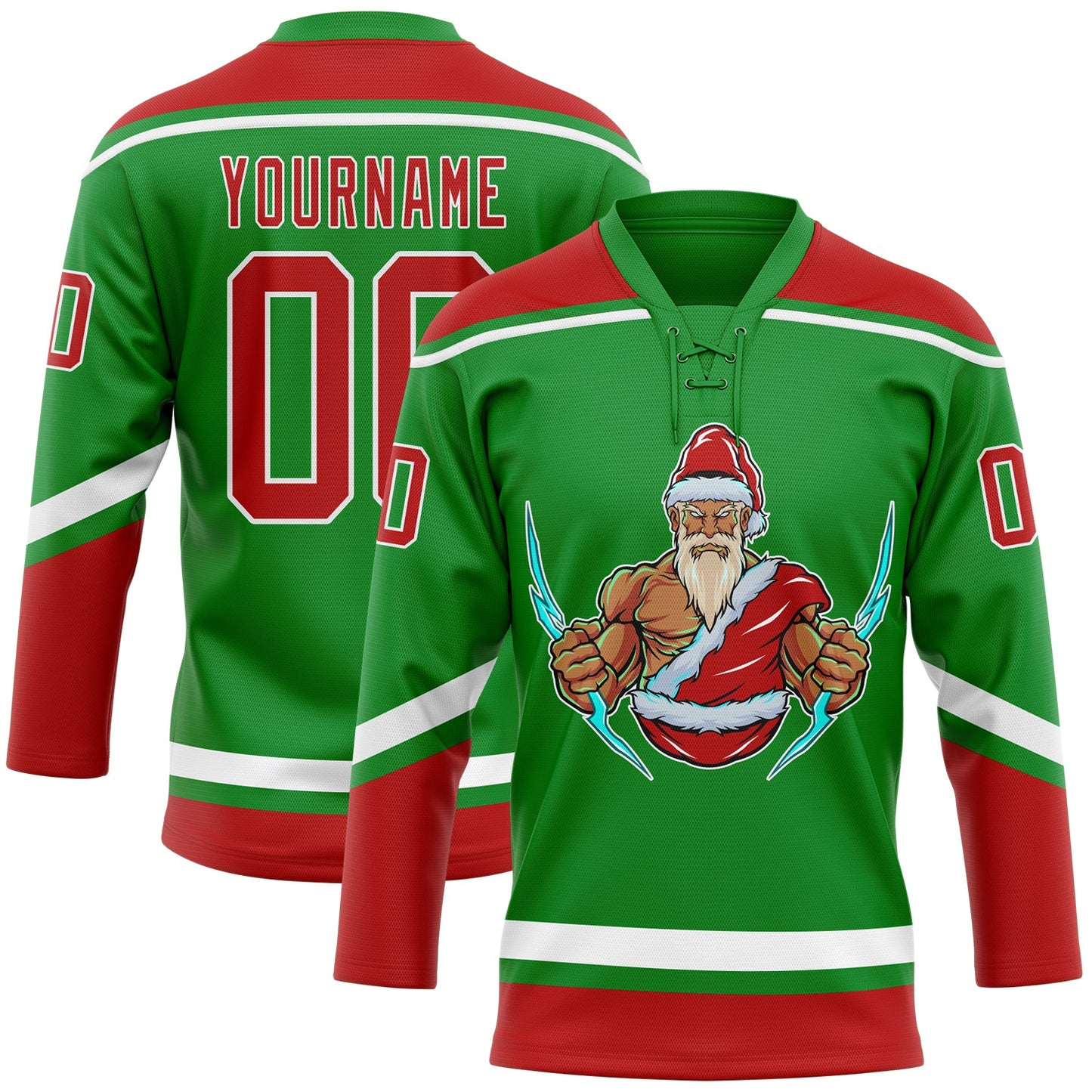 Custom Grass Green Red-White Christmas Santa Claus 3D Hockey Lace Neck Jersey - Main View