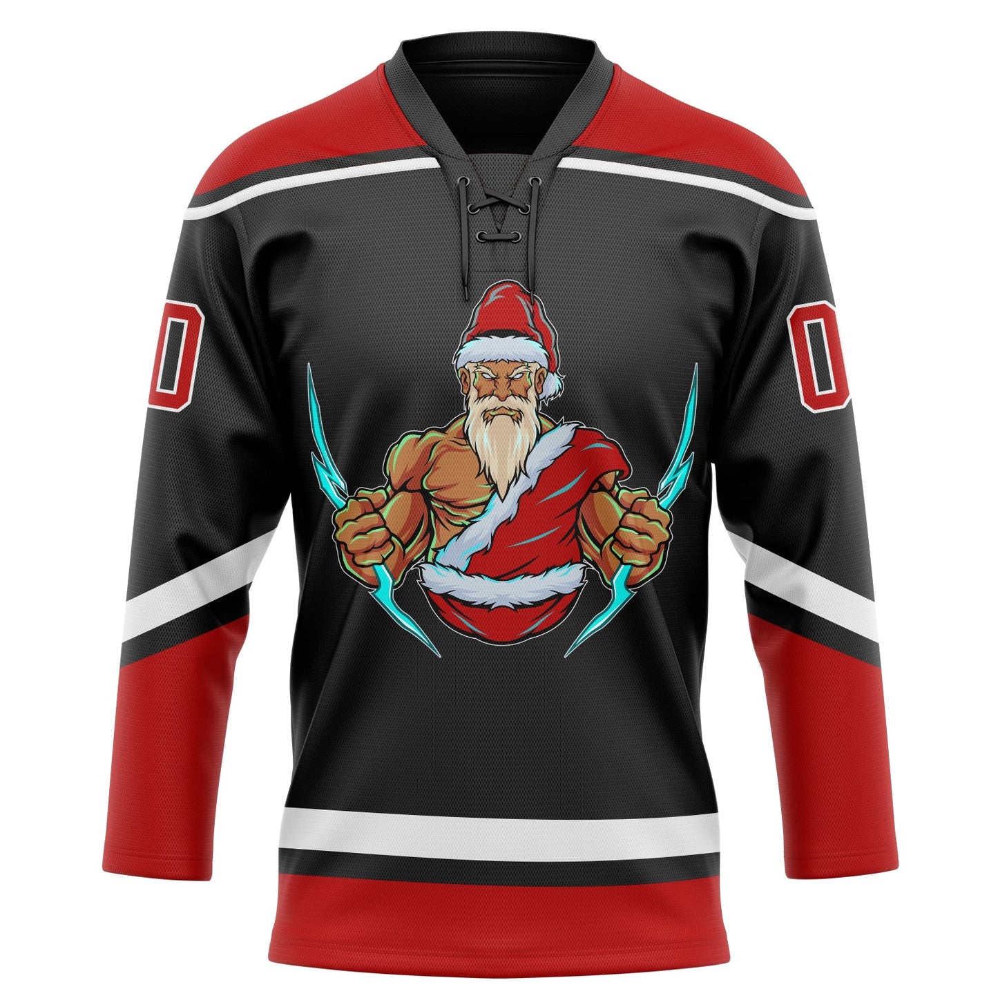 Custom Black Red-White Christmas Santa Claus 3D Hockey Lace Neck Jersey view 2
