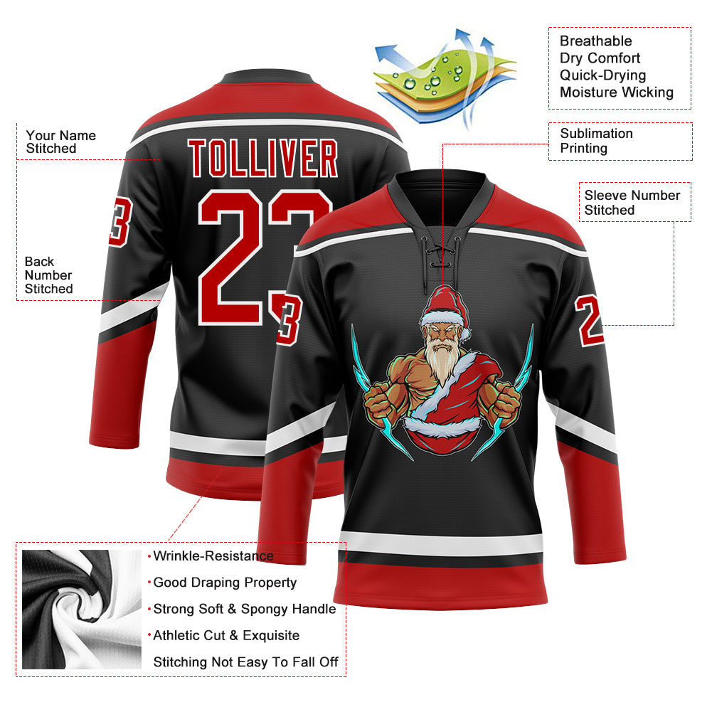 Custom Black Red-White Christmas Santa Claus 3D Hockey Lace Neck Jersey view 3