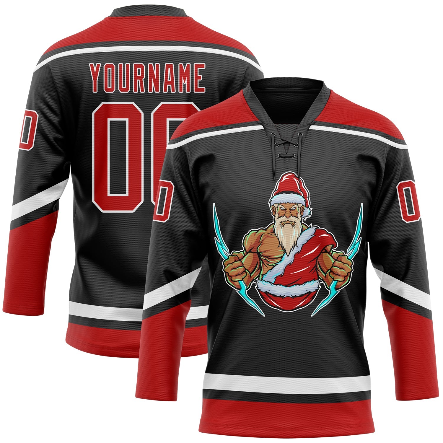 Custom Black Red-White Christmas Santa Claus 3D Hockey Lace Neck Jersey - Main View