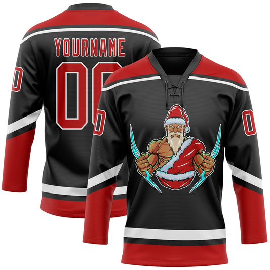 Custom Black Red-White Christmas Santa Claus 3D Hockey Lace Neck Jersey - Main View