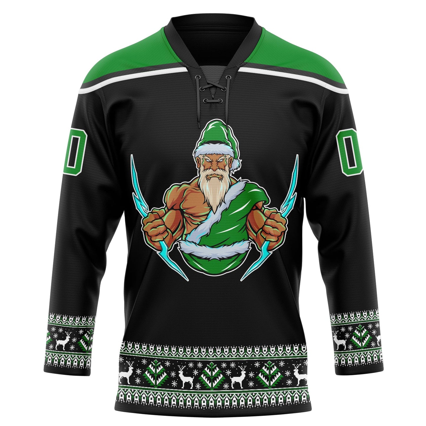 Custom Black Grass Green-White Christmas Santa Claus 3D Hockey Lace Neck Jersey view 2