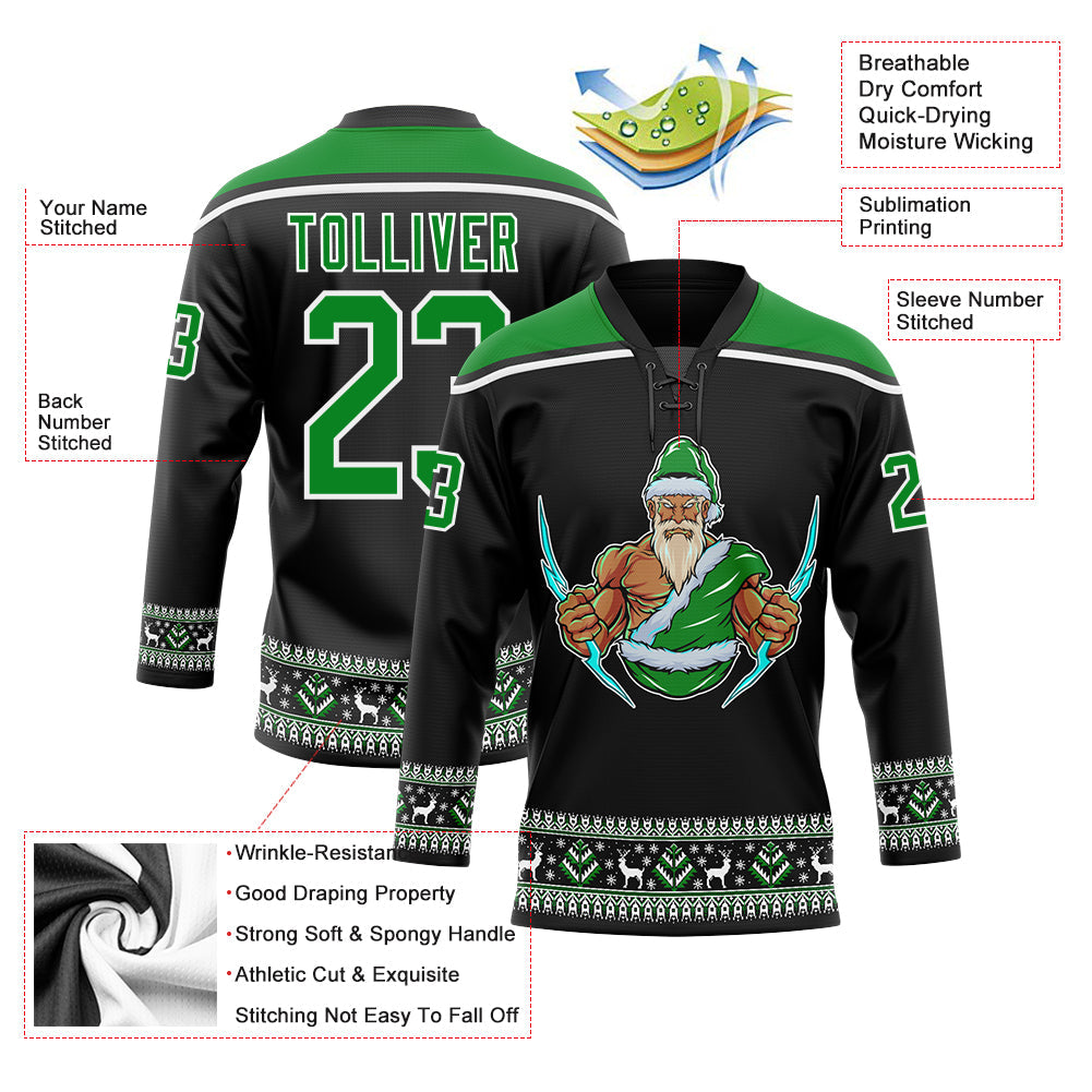 Custom Black Grass Green-White Christmas Santa Claus 3D Hockey Lace Neck Jersey view 3