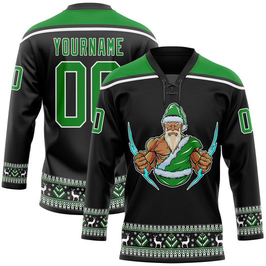 Custom Black Grass Green-White Christmas Santa Claus 3D Hockey Lace Neck Jersey - Main View