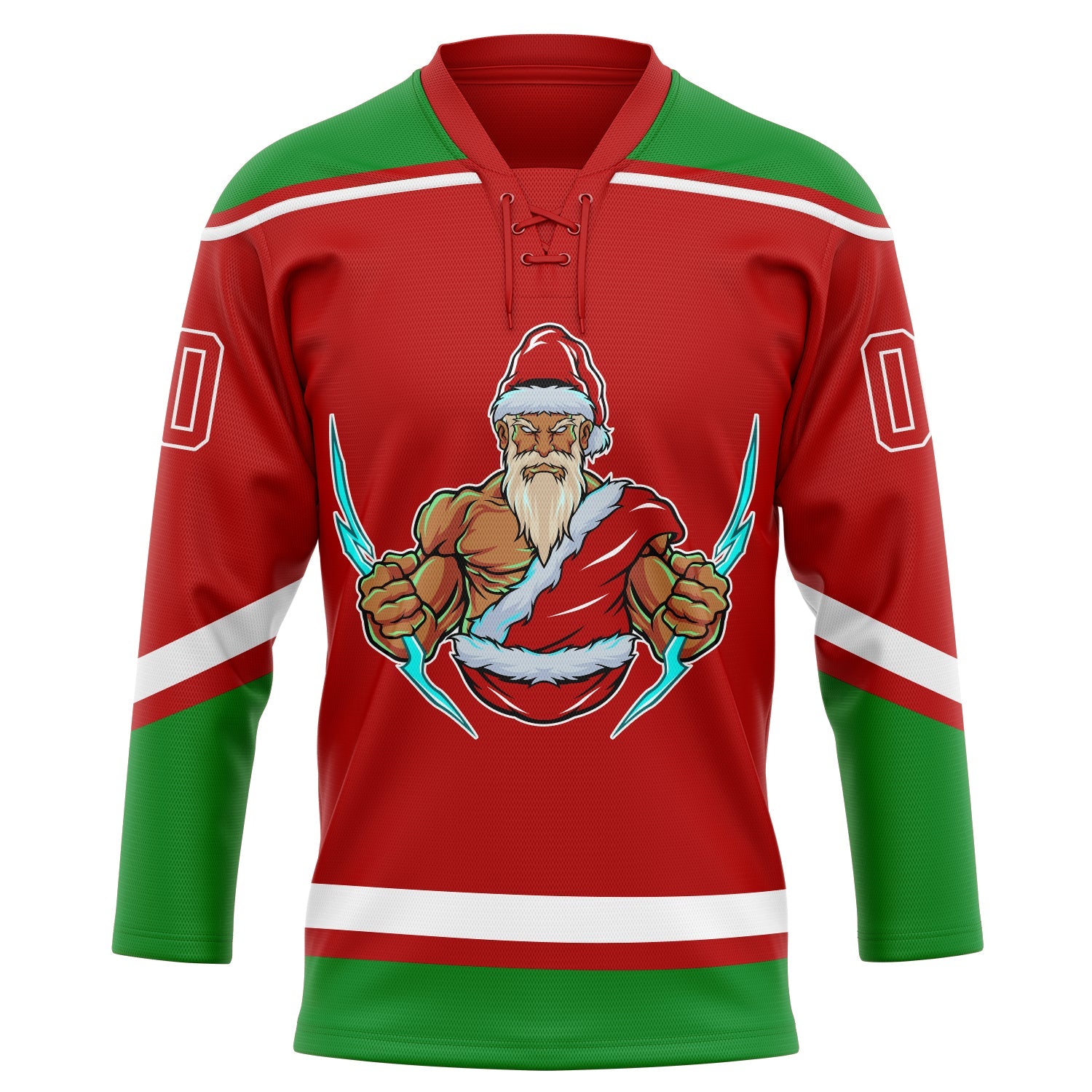 Custom Red Grass Green-White Christmas Santa Claus 3D Hockey Lace Neck Jersey view 2