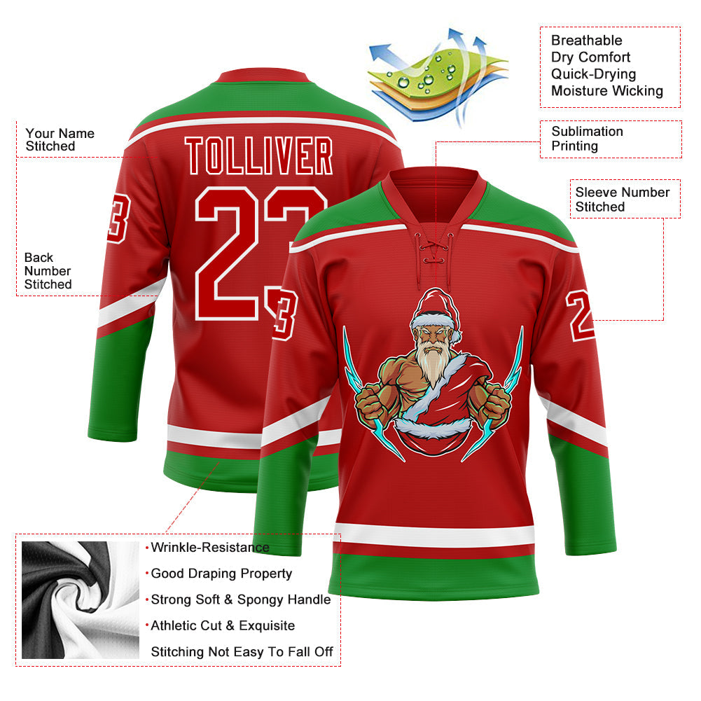 Custom Red Grass Green-White Christmas Santa Claus 3D Hockey Lace Neck Jersey view 3
