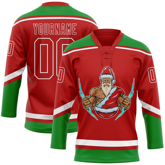 Custom Red Grass Green-White Christmas Santa Claus 3D Hockey Lace Neck Jersey - Main View