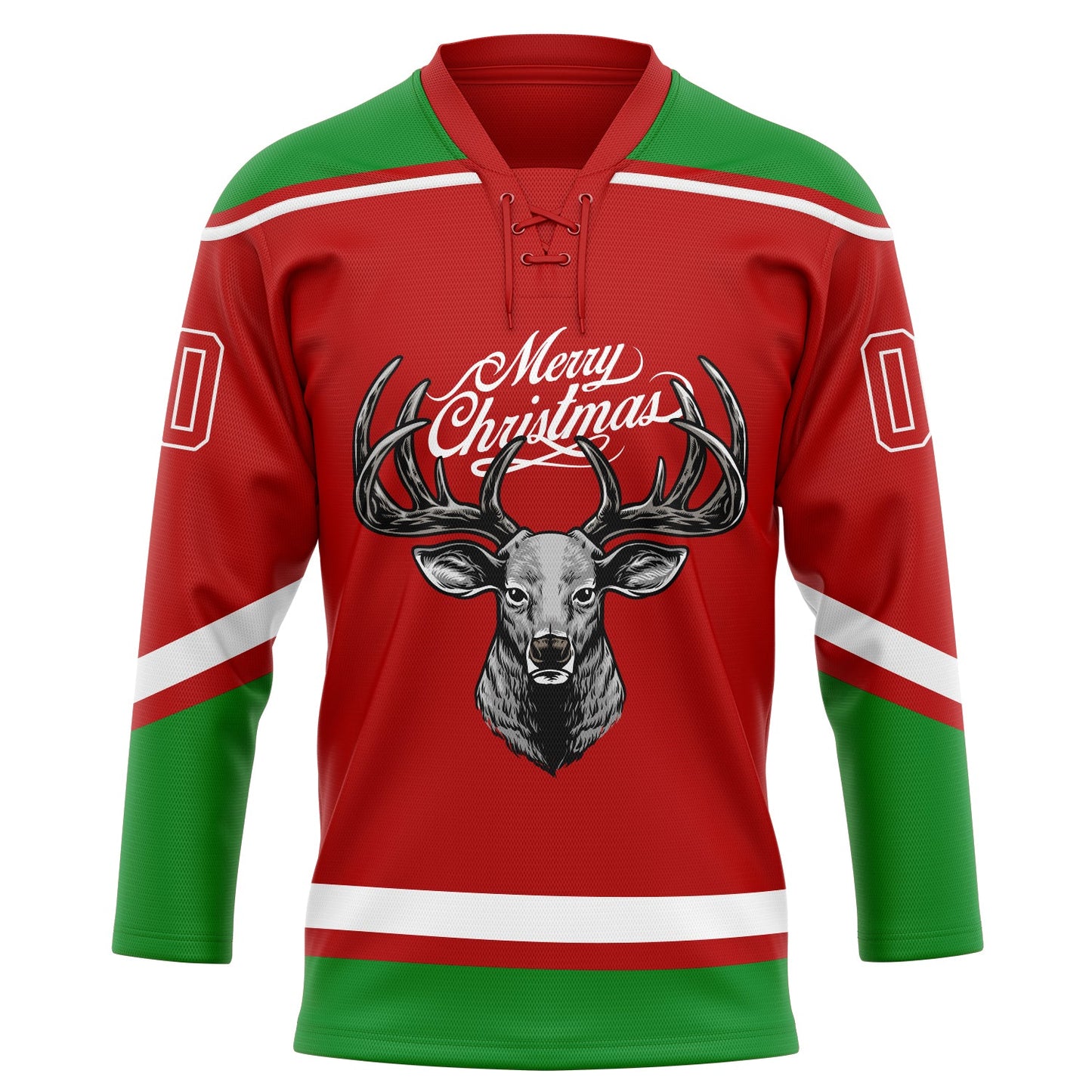 Custom Red Grass Green-White Christmas Reindeer 3D Hockey Lace Neck Jersey view 2