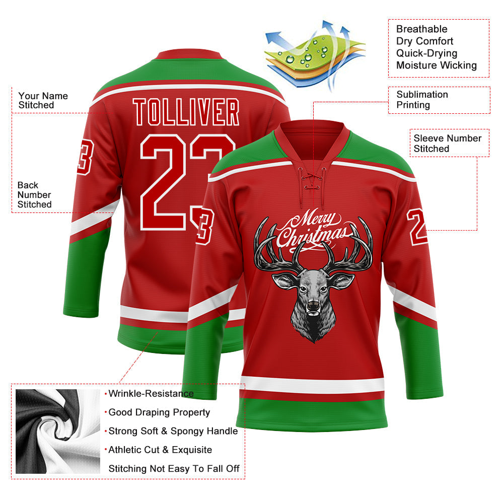 Custom Red Grass Green-White Christmas Reindeer 3D Hockey Lace Neck Jersey view 3
