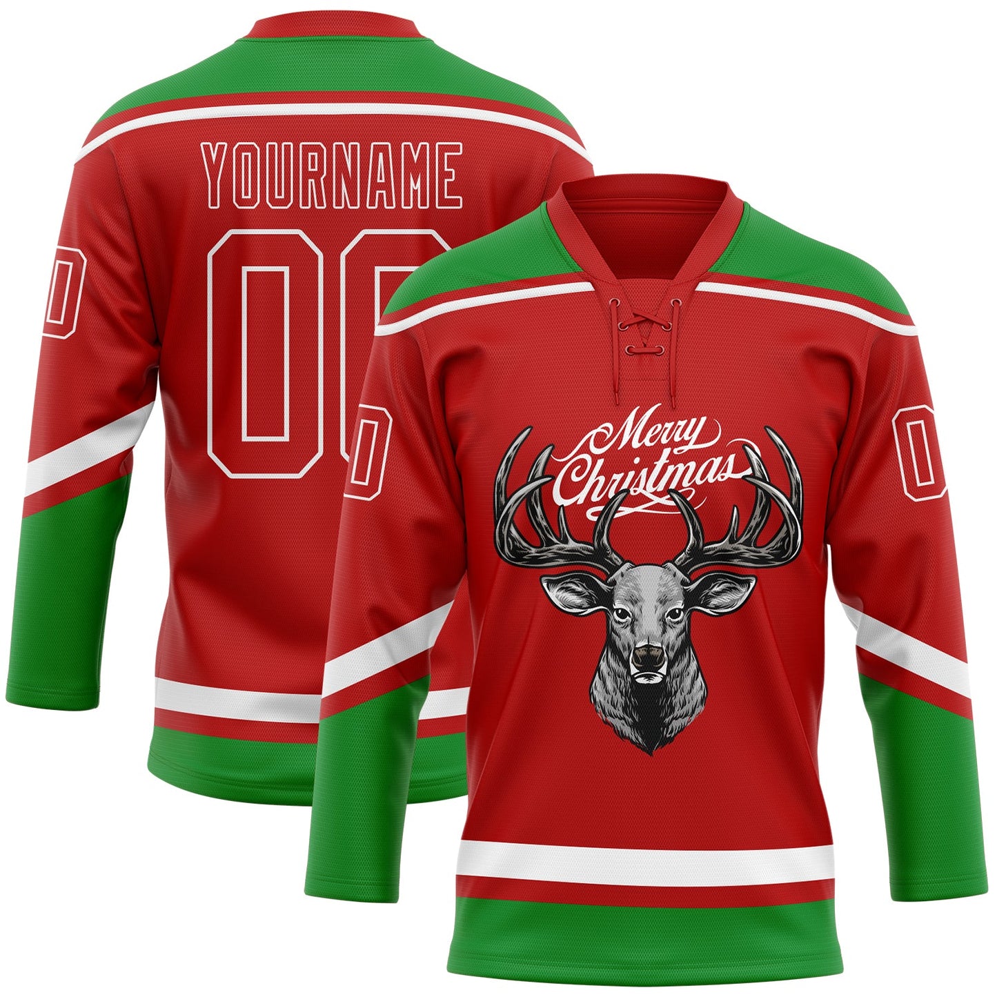 Custom Red Grass Green-White Christmas Reindeer 3D Hockey Lace Neck Jersey - Main View