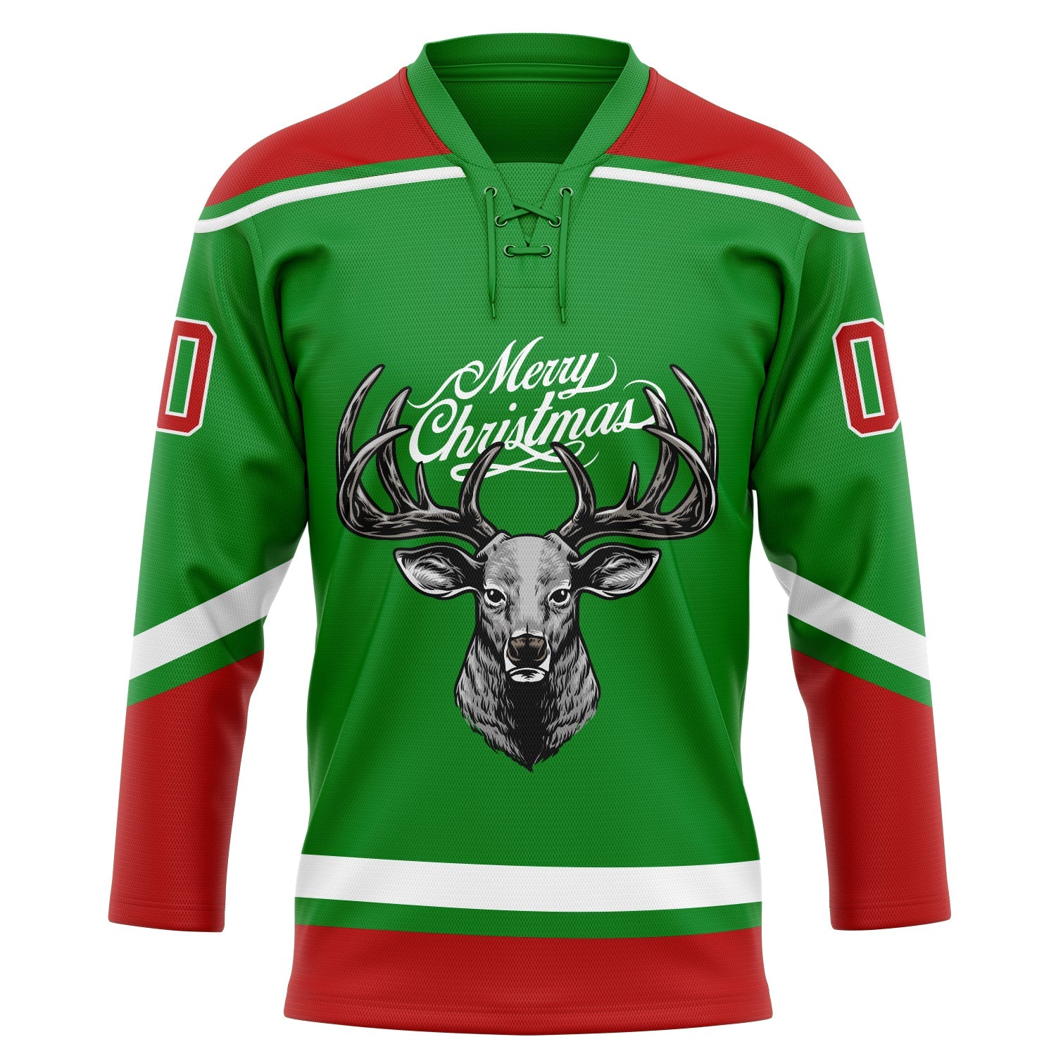 Custom Grass Green Red-White Christmas Reindeer 3D Hockey Lace Neck Jersey view 2