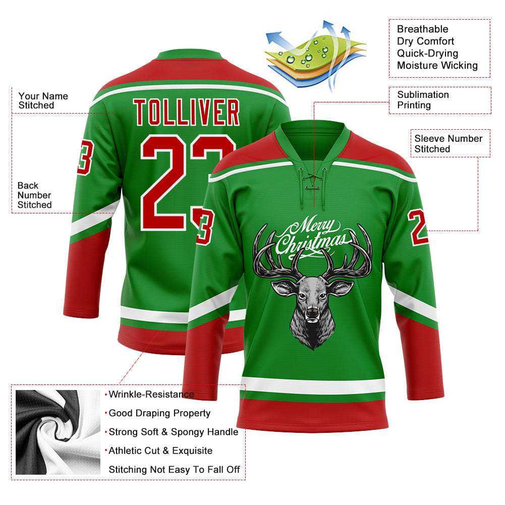 Custom Grass Green Red-White Christmas Reindeer 3D Hockey Lace Neck Jersey view 3