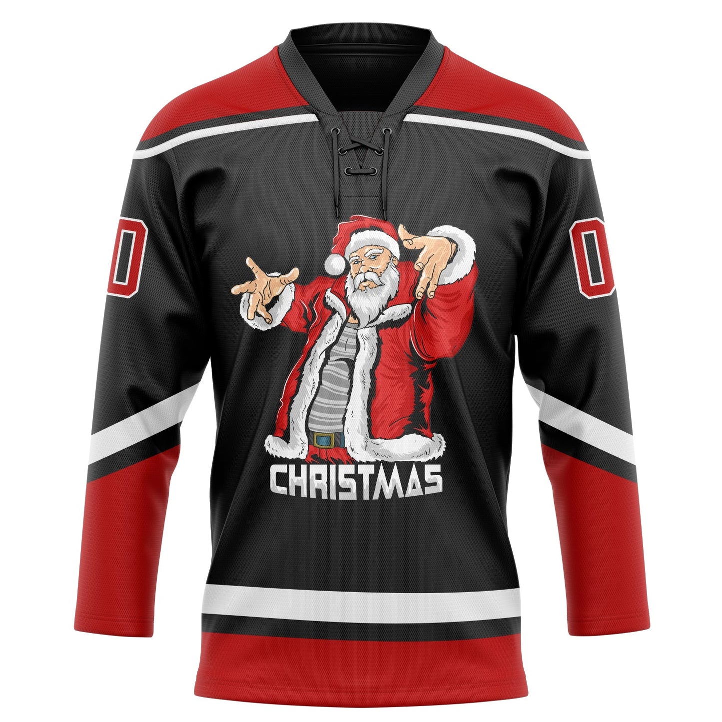 Custom Black Red-White Christmas Santa Claus 3D Hockey Lace Neck Jersey view 2