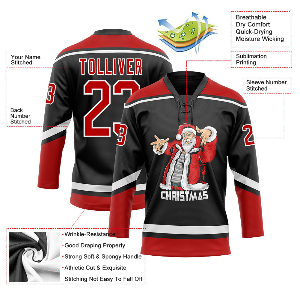 Custom Black Red-White Christmas Santa Claus 3D Hockey Lace Neck Jersey view 3
