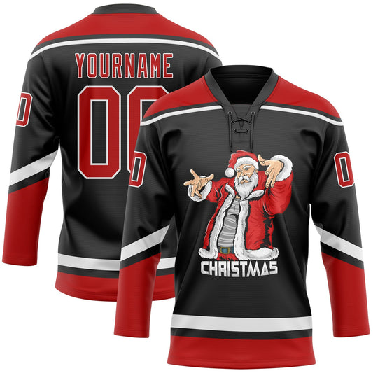 Custom Black Red-White Christmas Santa Claus 3D Hockey Lace Neck Jersey - Main View