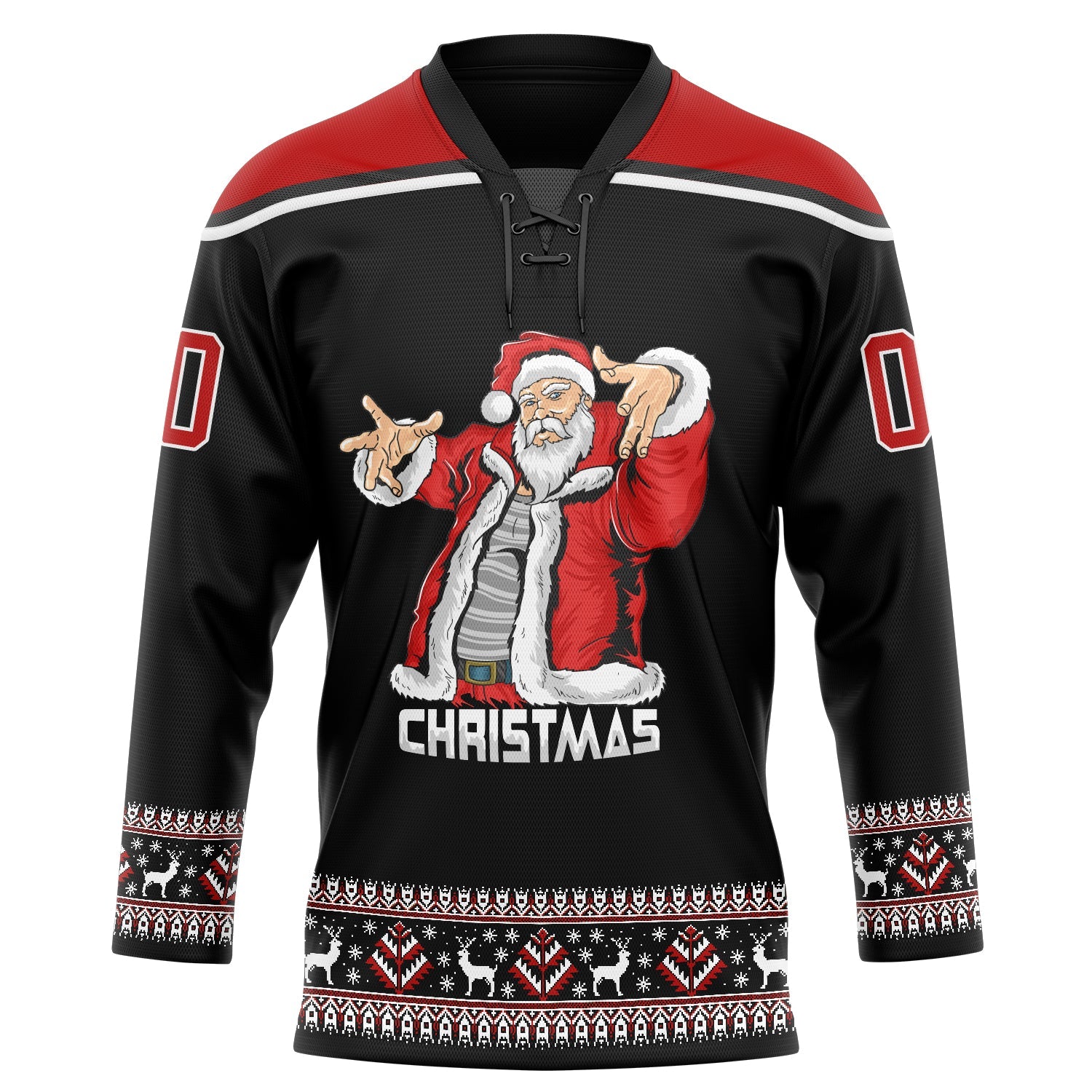 Custom Black Red-White Christmas Santa Claus 3D Hockey Lace Neck Jersey view 2