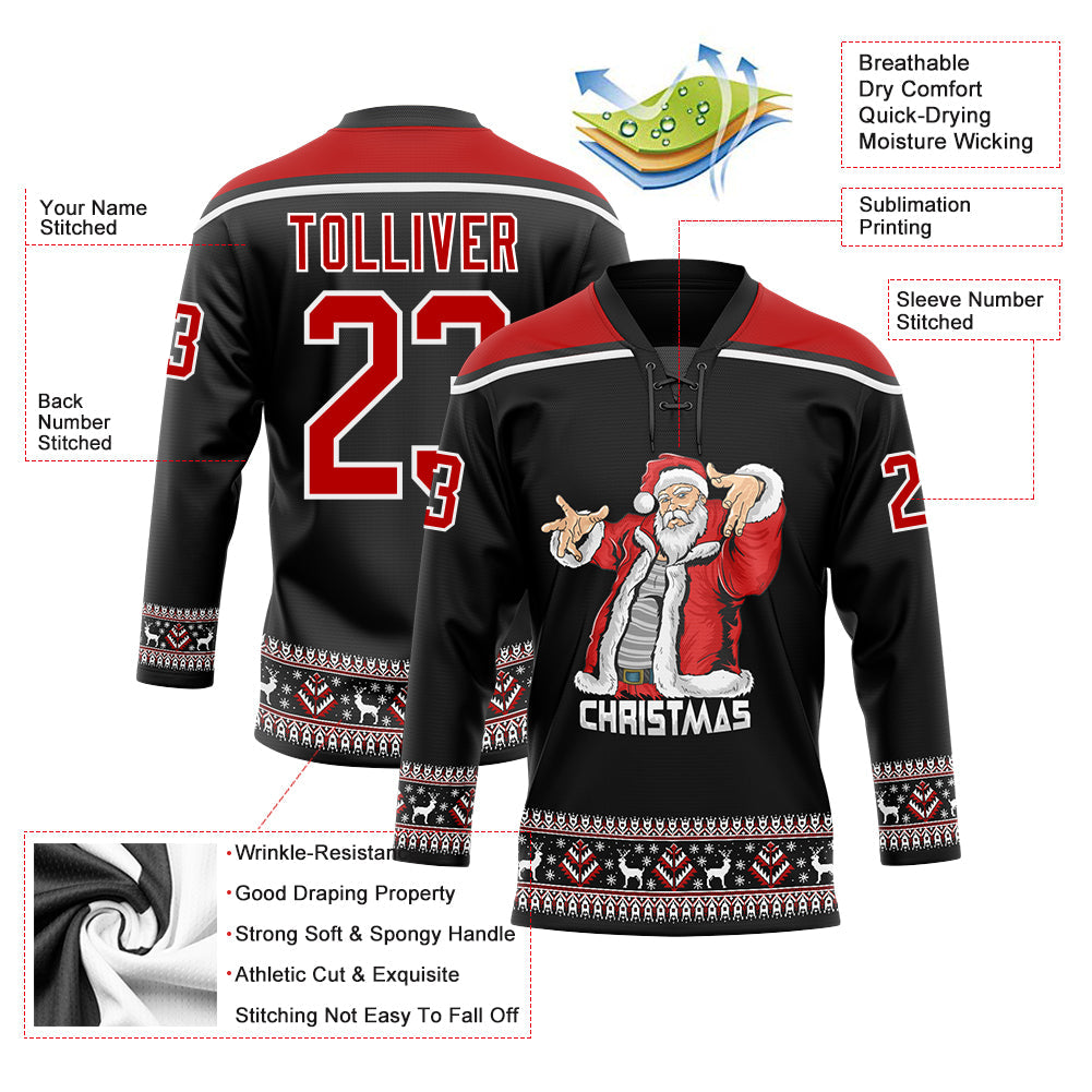 Custom Black Red-White Christmas Santa Claus 3D Hockey Lace Neck Jersey view 3