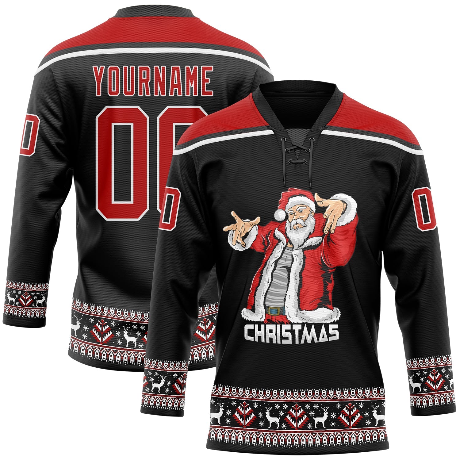 Custom Black Red-White Christmas Santa Claus 3D Hockey Lace Neck Jersey - Main View