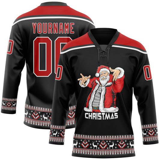 Custom Black Red-White Christmas Santa Claus 3D Hockey Lace Neck Jersey - Main View