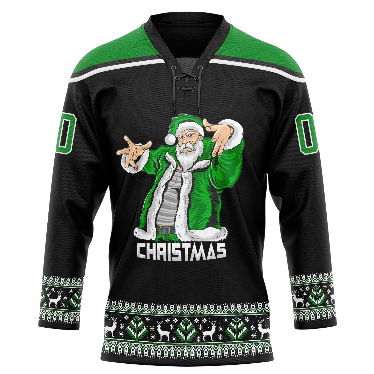 Custom Black Grass Green-White Christmas Santa Claus 3D Hockey Lace Neck Jersey view 2
