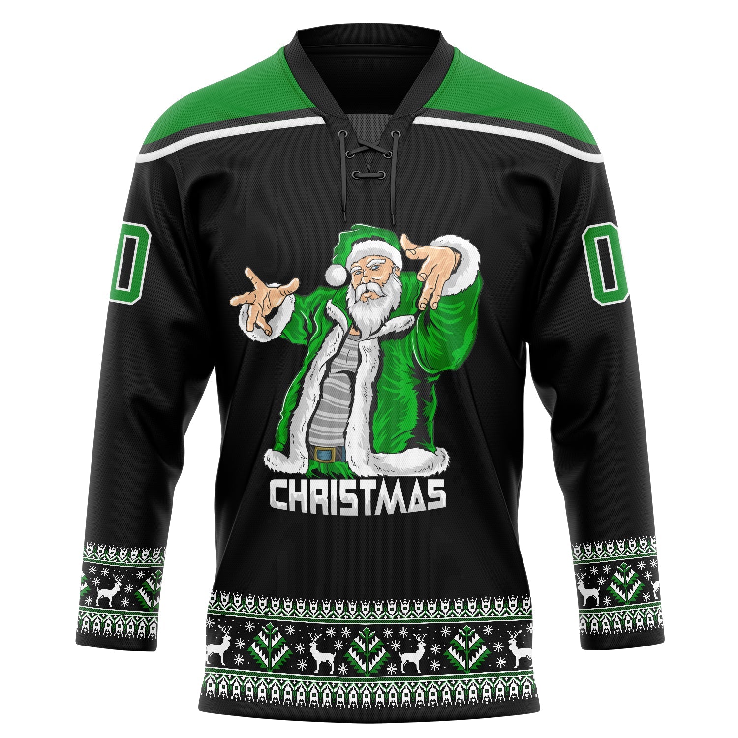 Custom Black Grass Green-White Christmas Santa Claus 3D Hockey Lace Neck Jersey view 2