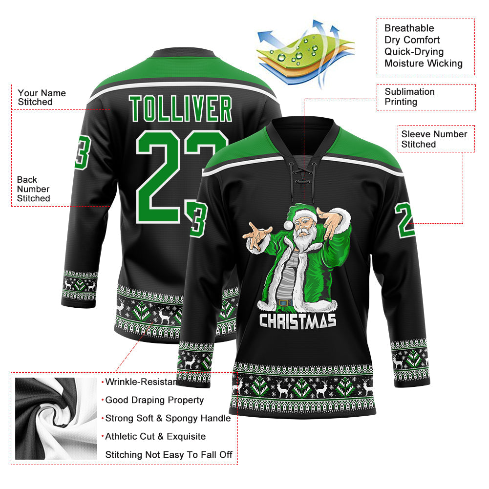 Custom Black Grass Green-White Christmas Santa Claus 3D Hockey Lace Neck Jersey view 3