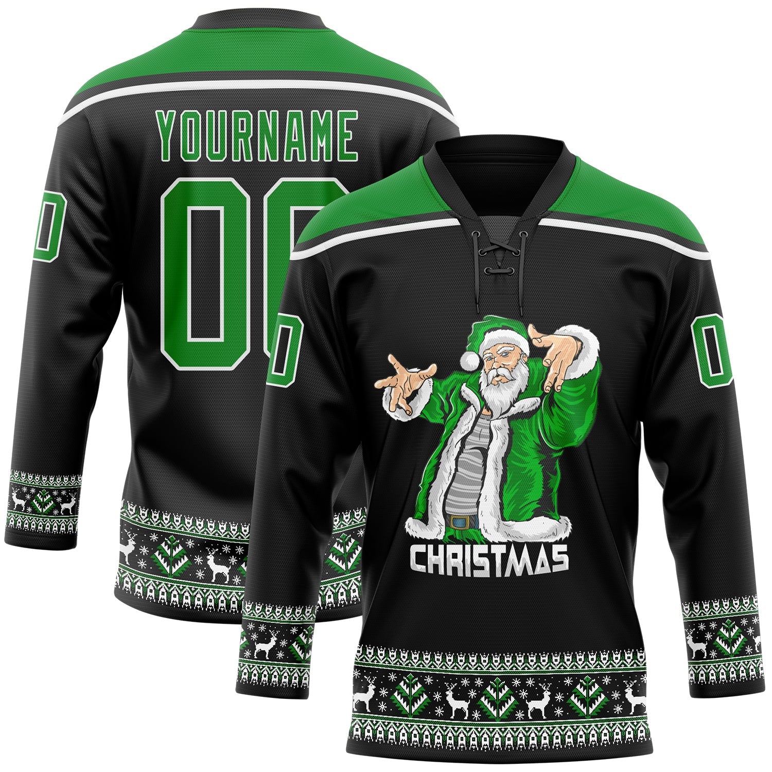 Custom Black Grass Green-White Christmas Santa Claus 3D Hockey Lace Neck Jersey - Main View