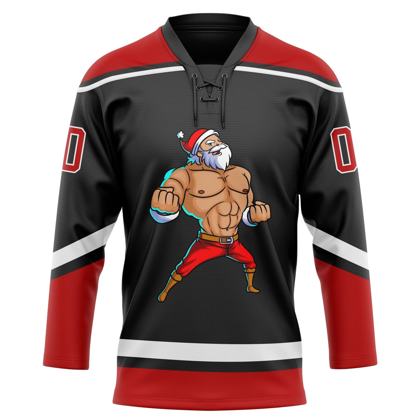 Custom Black Red-White Christmas Santa Claus 3D Hockey Lace Neck Jersey view 2