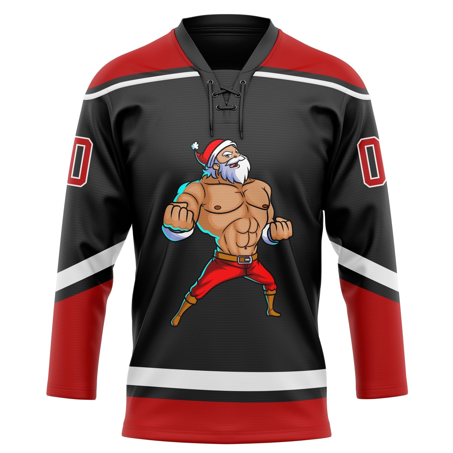 Custom Black Red-White Christmas Santa Claus 3D Hockey Lace Neck Jersey view 2
