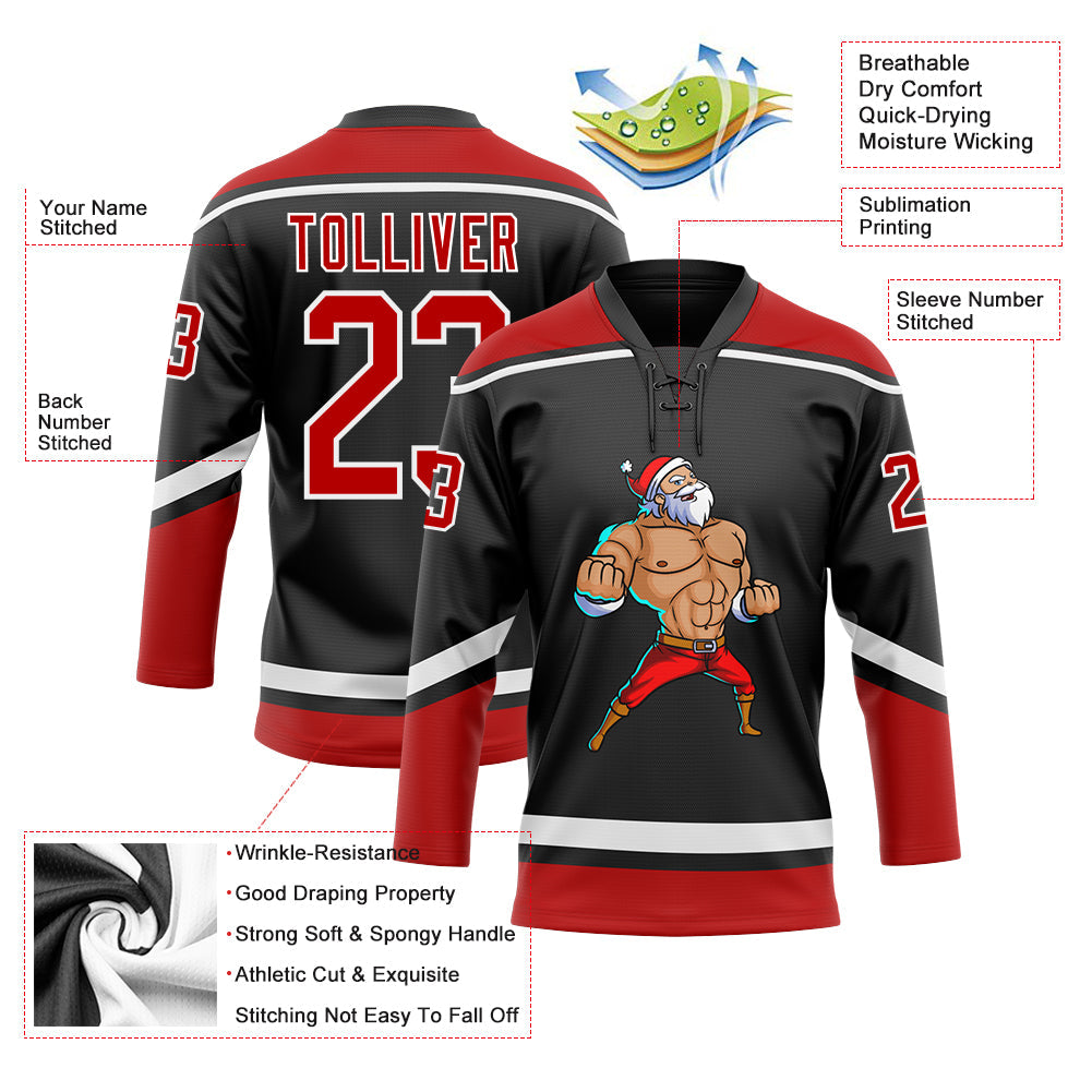 Custom Black Red-White Christmas Santa Claus 3D Hockey Lace Neck Jersey view 3